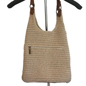 The Sak Tan Crochet Tote Bag + Brown Leather Wallet Included